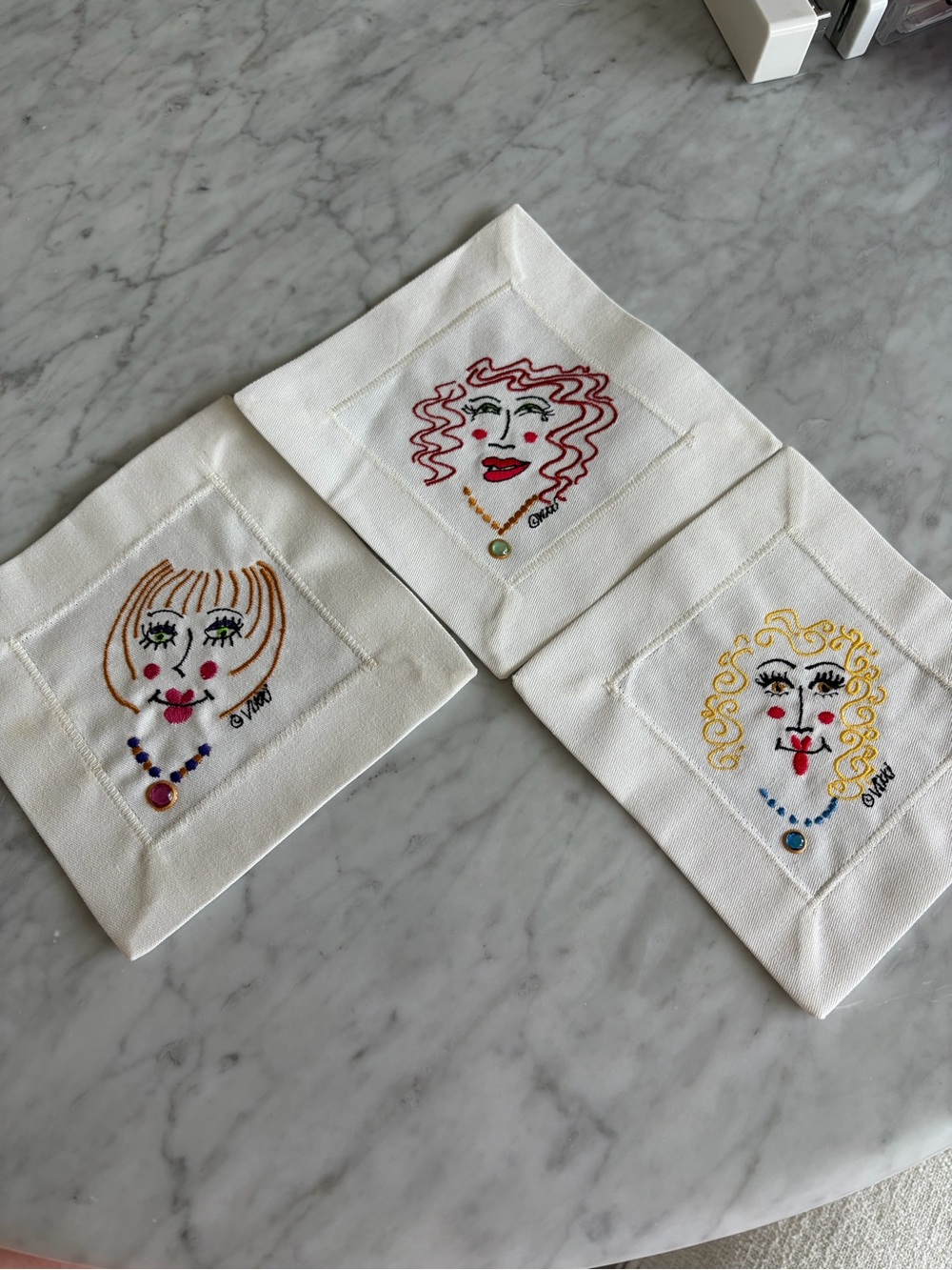 Vintage Embroidered White Linen Face Cocktail Napkins – Set of 3
